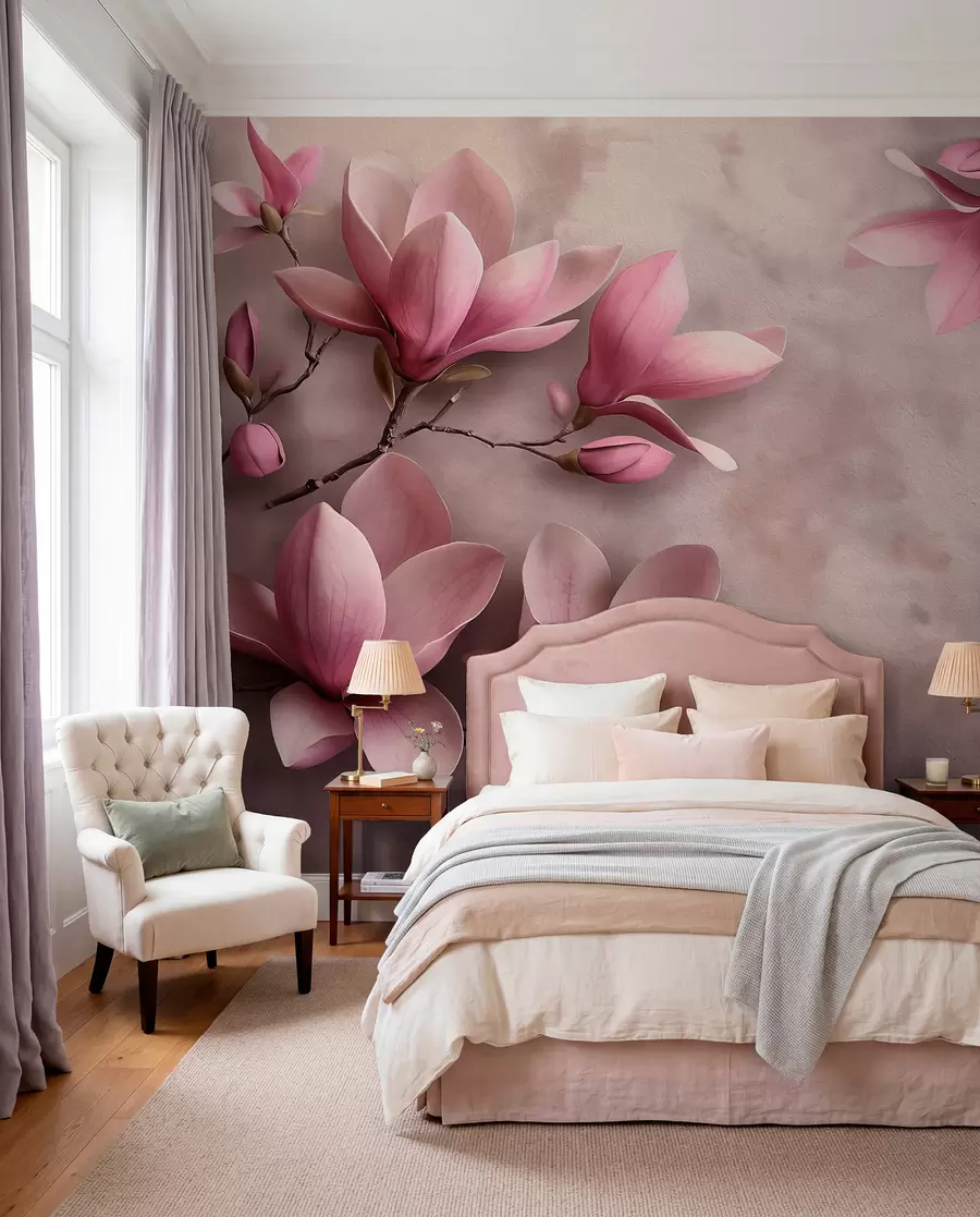 murales Delicadas magnolias rosas sobre un muro de hormigón w08636