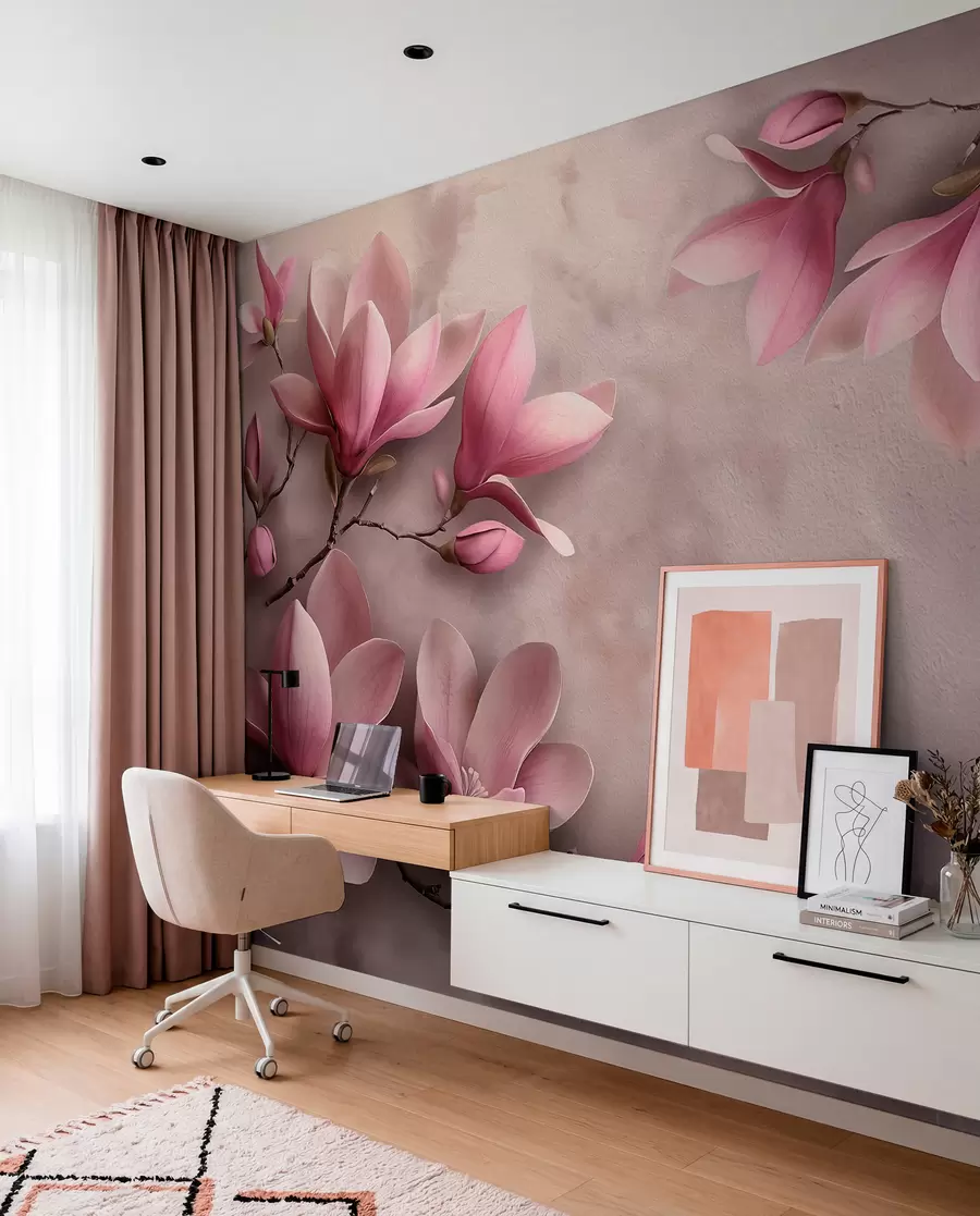 murales Delicadas magnolias rosas sobre un muro de hormigón w08636