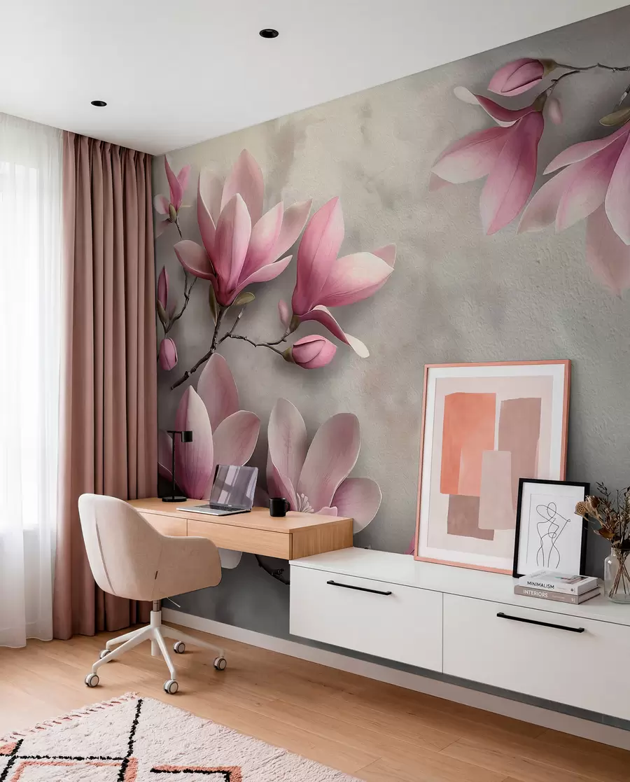 murales Delicadas magnolias rosas sobre un muro de hormigón en tonos grises w08636v1