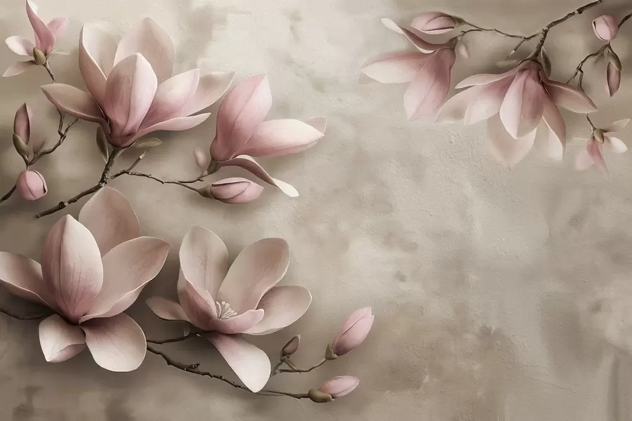 murales Delicadas magnolias rosas sobre un muro de hormigón en tonos sepia w08636v2