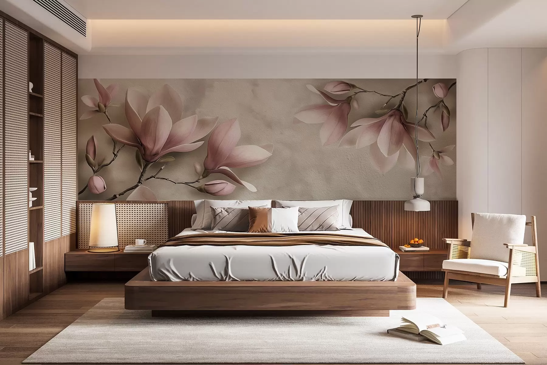 Wall Mural Photo Wallpaper Delicate pink magnolias on a concrete wall in sepia tones w08636v2