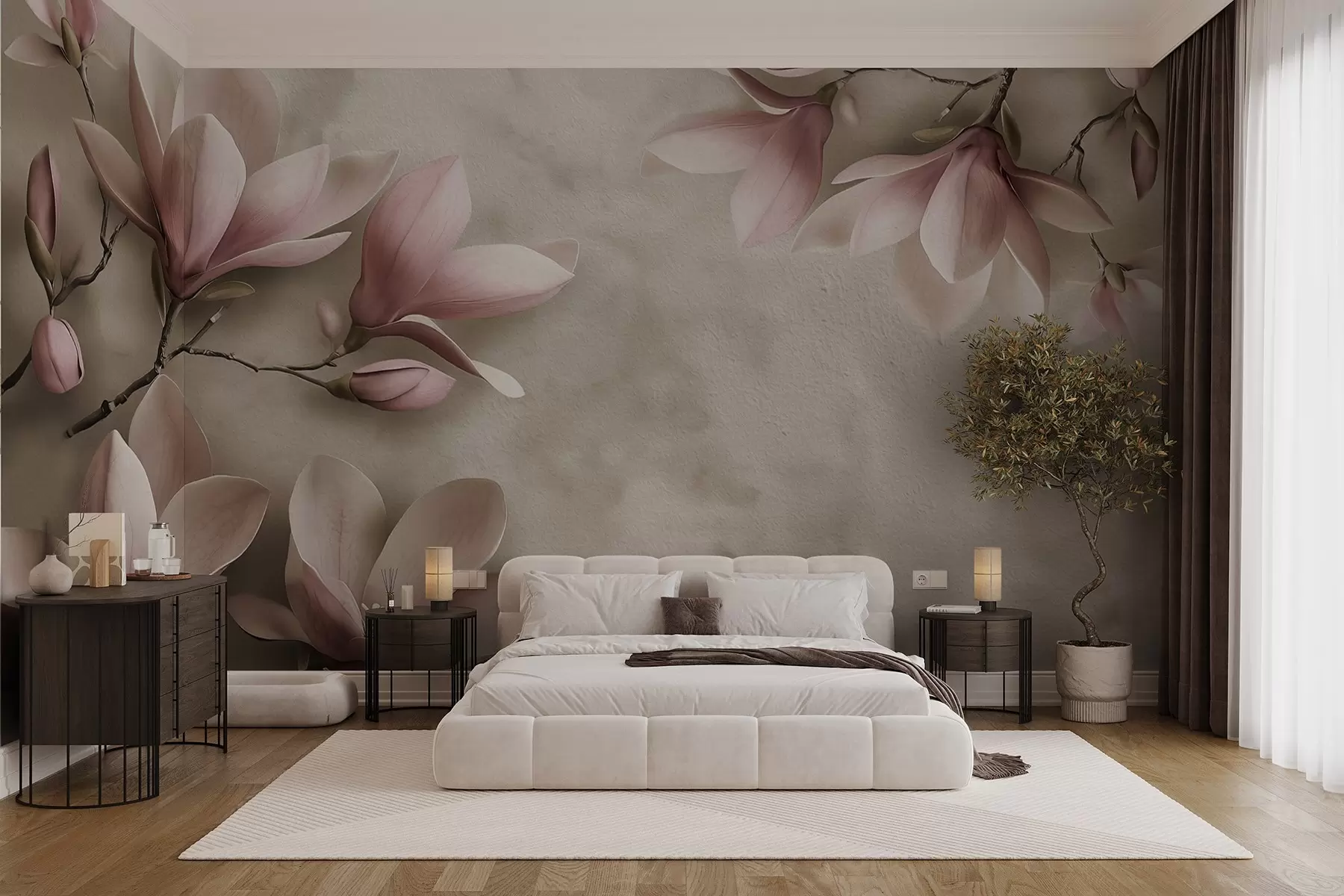 Wall Mural Photo Wallpaper Delicate pink magnolias on a concrete wall in sepia tones w08636v2