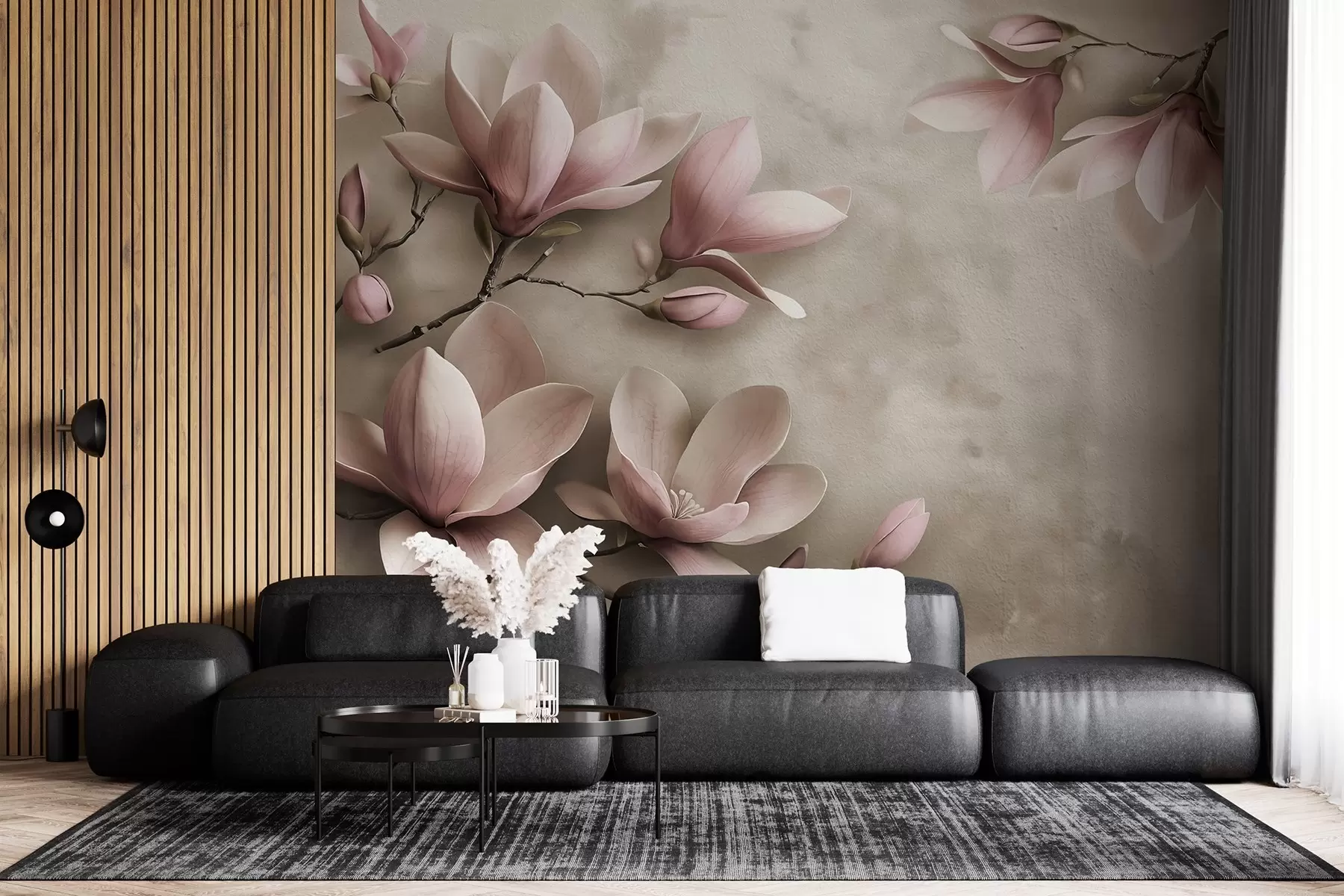 Wall Mural Photo Wallpaper Delicate pink magnolias on a concrete wall in sepia tones w08636v2