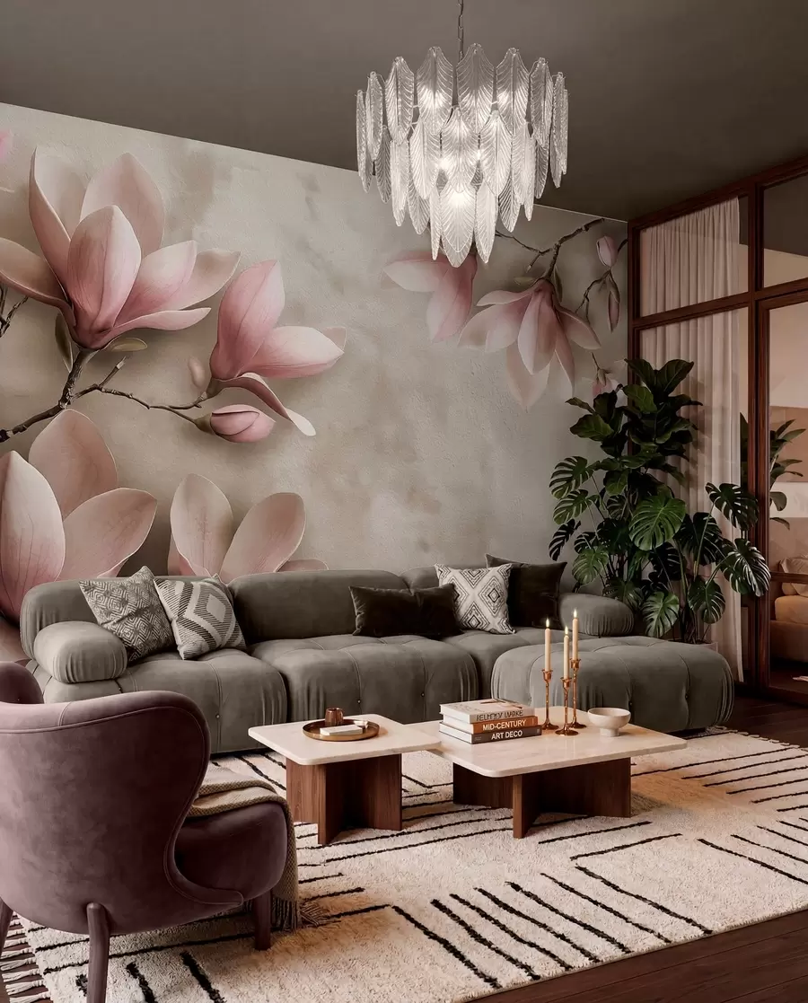 Wall Mural Photo Wallpaper Delicate pink magnolias on a concrete wall in sepia tones w08636v2