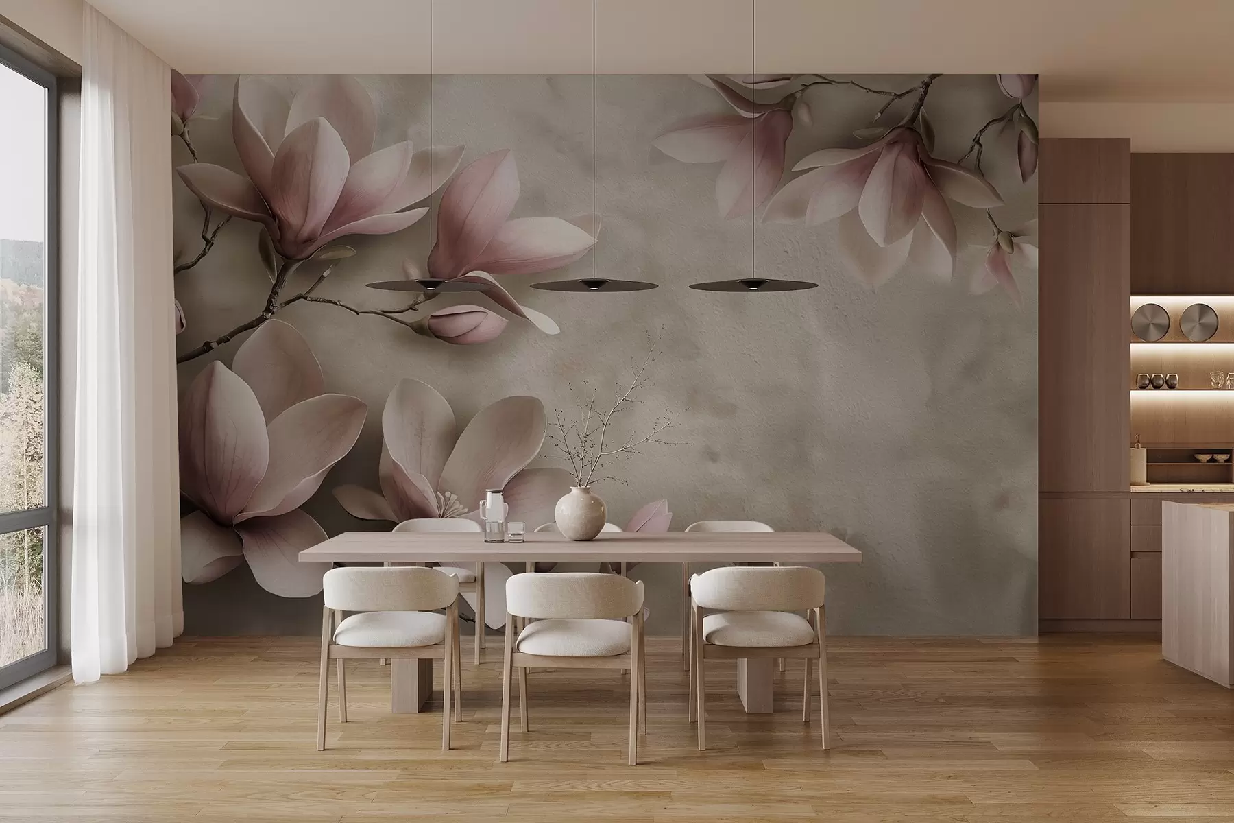 murales Delicadas magnolias rosas sobre un muro de hormigón en tonos sepia w08636v2