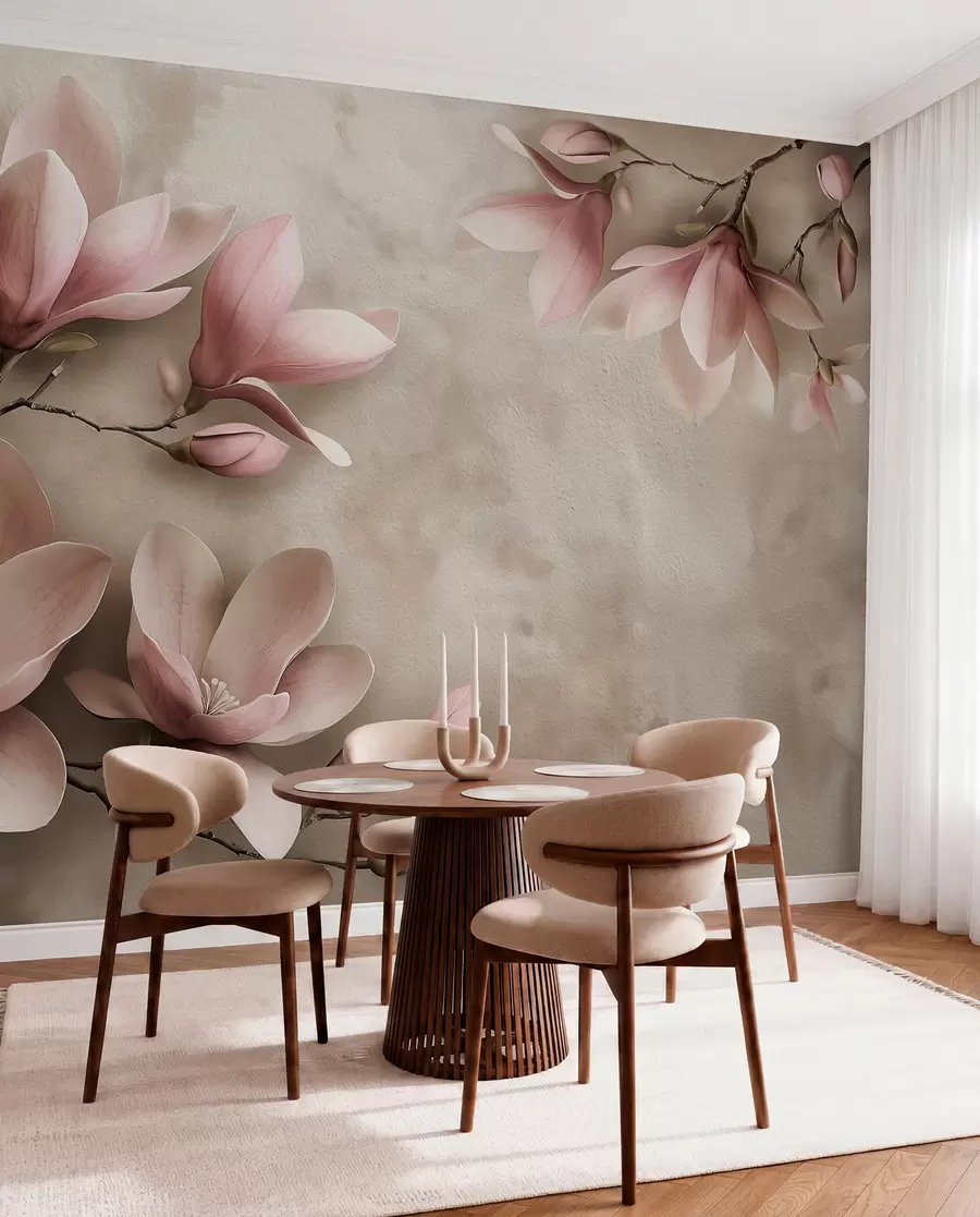 wall murals Delicate pink magnolias on a concrete wall in sepia tones w08636v2