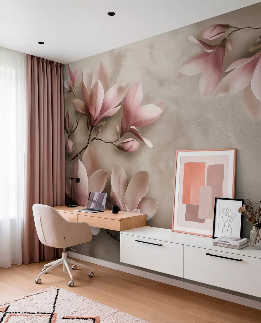 wall murals Delicate pink magnolias on a concrete wall in sepia tones w08636v2
