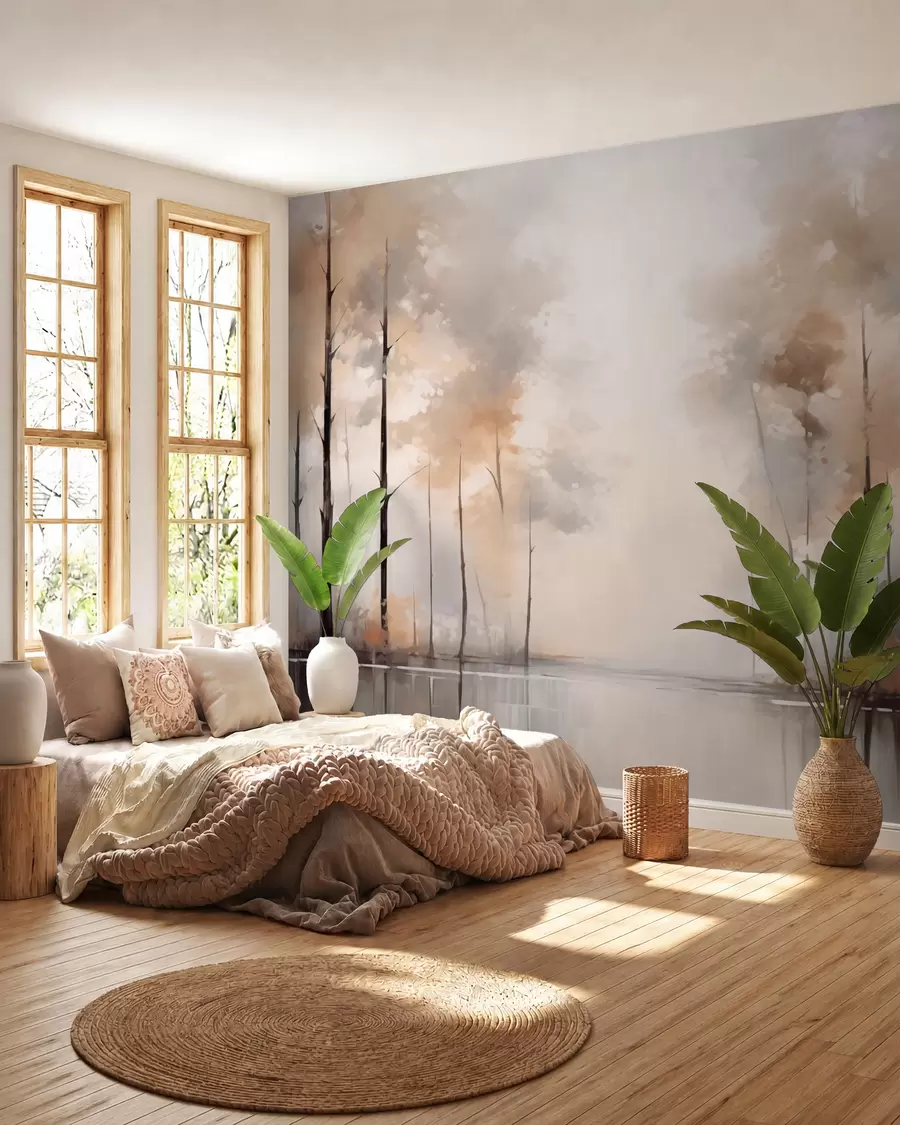 wall murals Foggy forest by the pond w02758