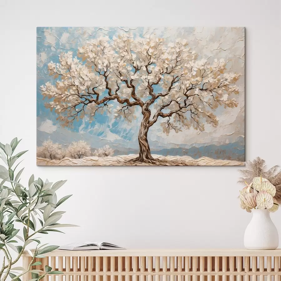 murales Árbol blanco sobre fondo blanco y azul s42275