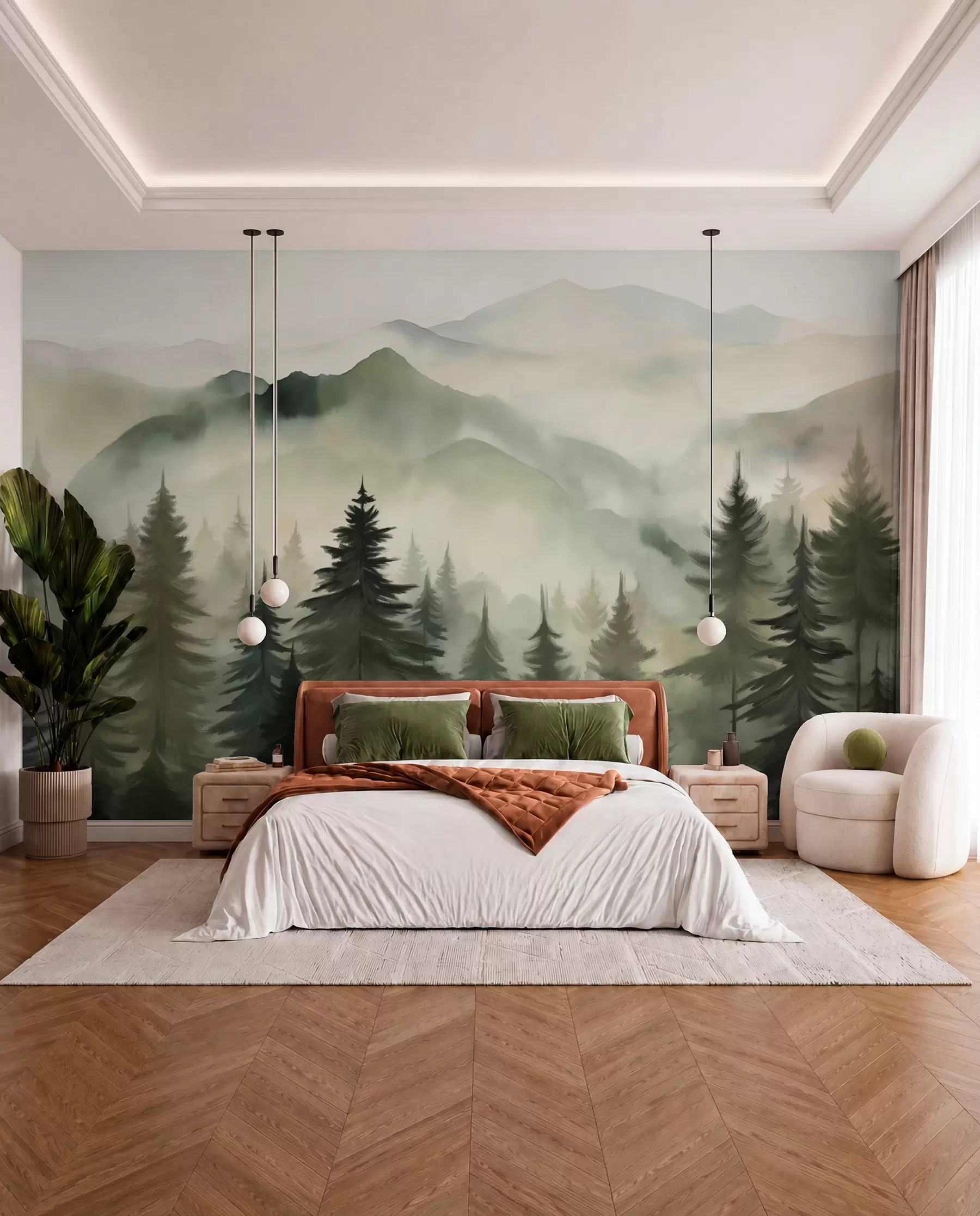 peintures murales Paysage de montagne avec une forêt de pins et des montagnes étagées à l'aube avec un léger brouillard aquarelle imitation art w08639