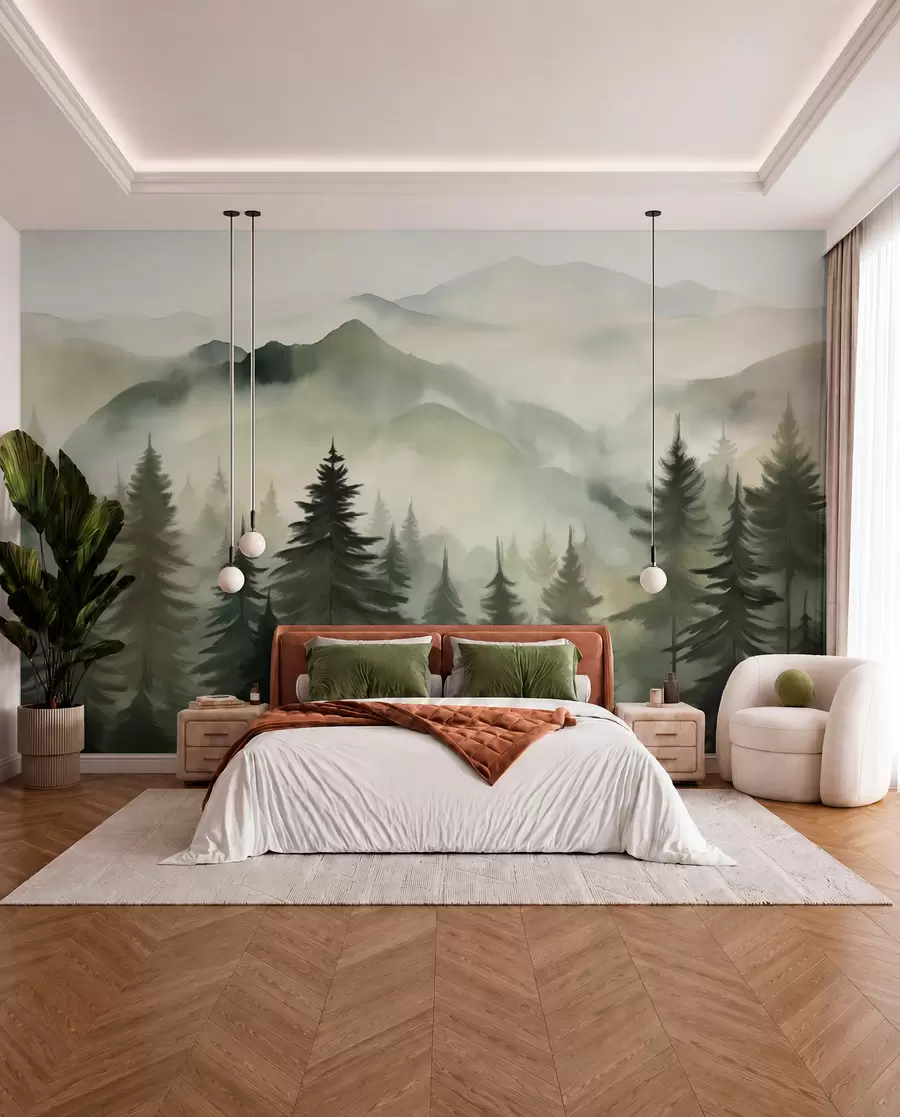wall murals Mountain landscape with a forest of pine trees and layered mountains during dawn with light fog watercolor imitation art w08639
