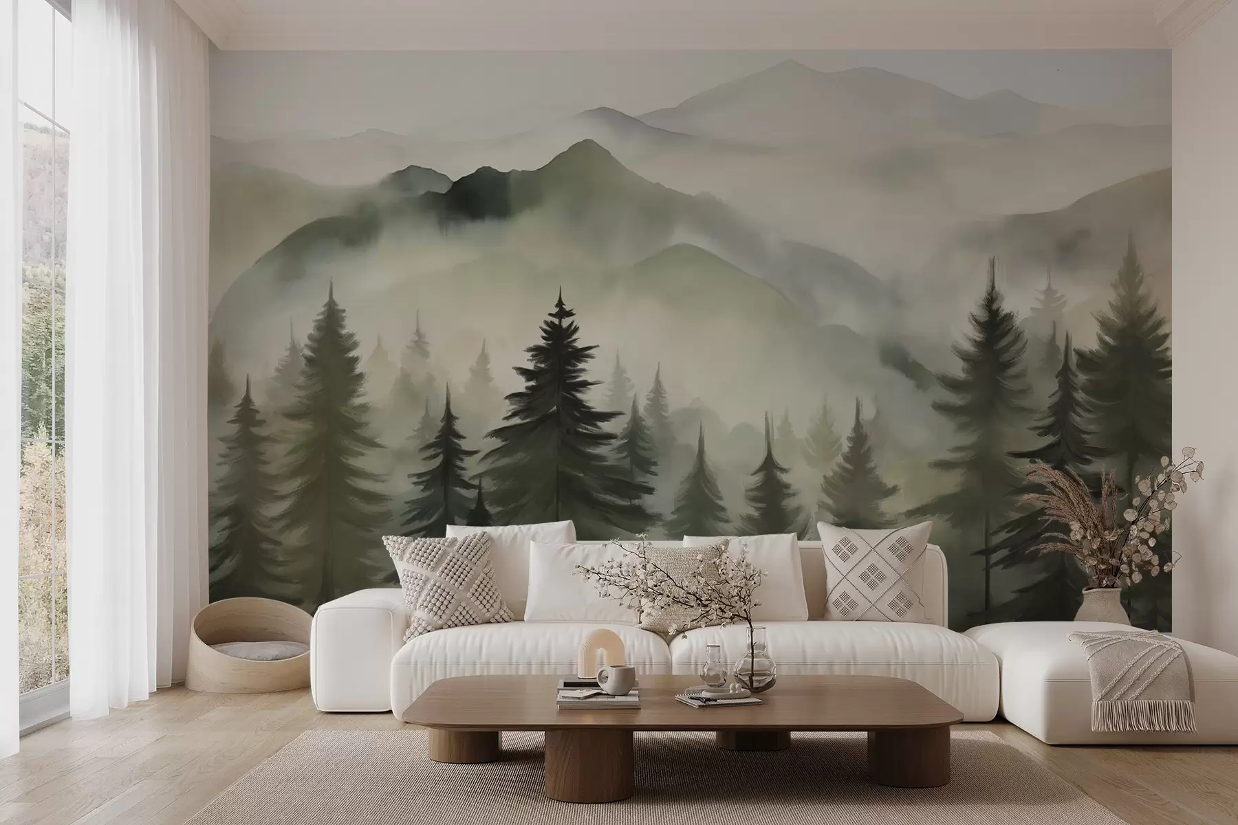 wall murals Mountain landscape with a forest of pine trees and layered mountains during dawn with light fog watercolor imitation art w08639