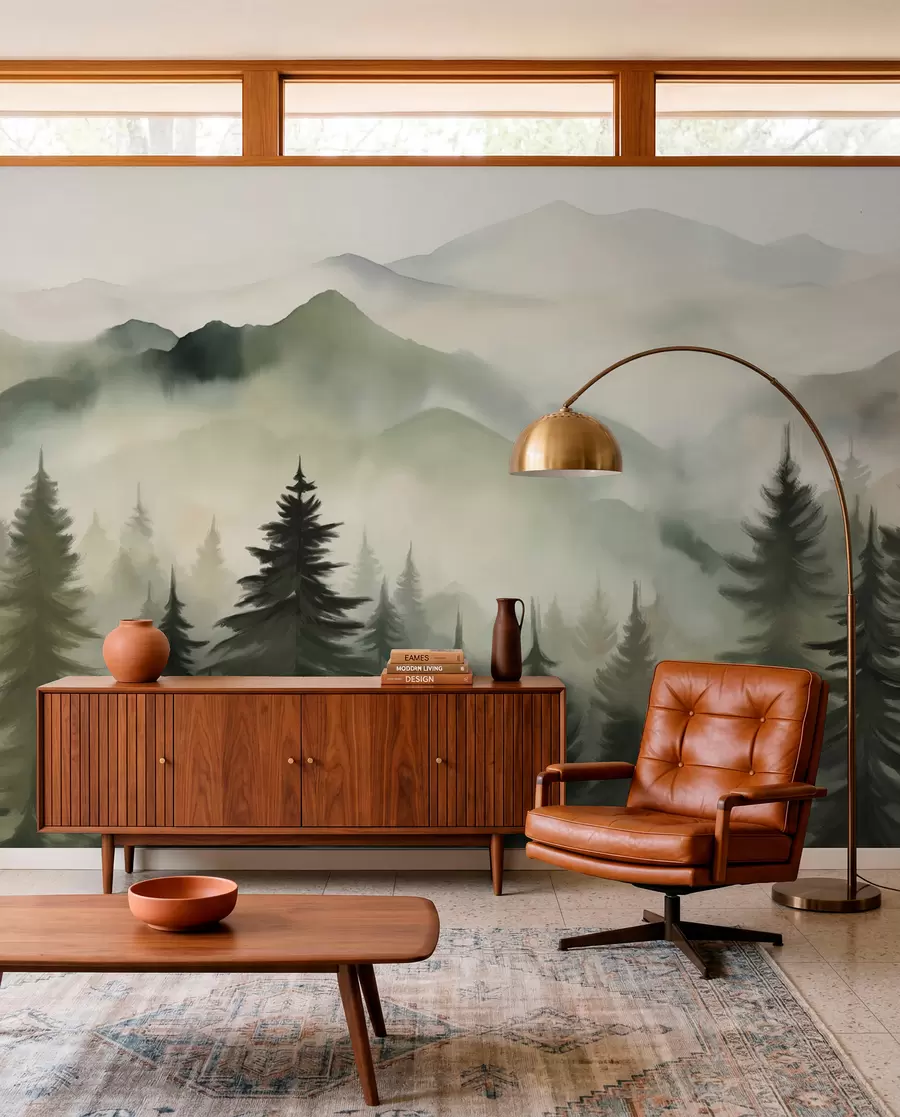 Wall Mural Photo Wallpaper Mountain landscape with a forest of pine trees and layered mountains during dawn with light fog watercolor imitation art  w08639