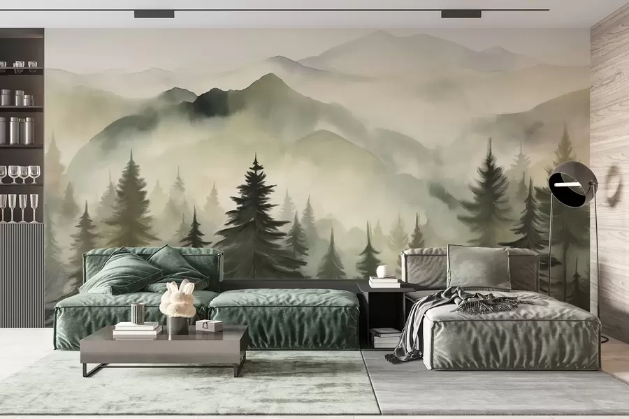 Wall Mural Photo Wallpaper Mountain landscape with a forest of pine trees and layered mountains during dawn with light fog watercolor imitation art  w08639