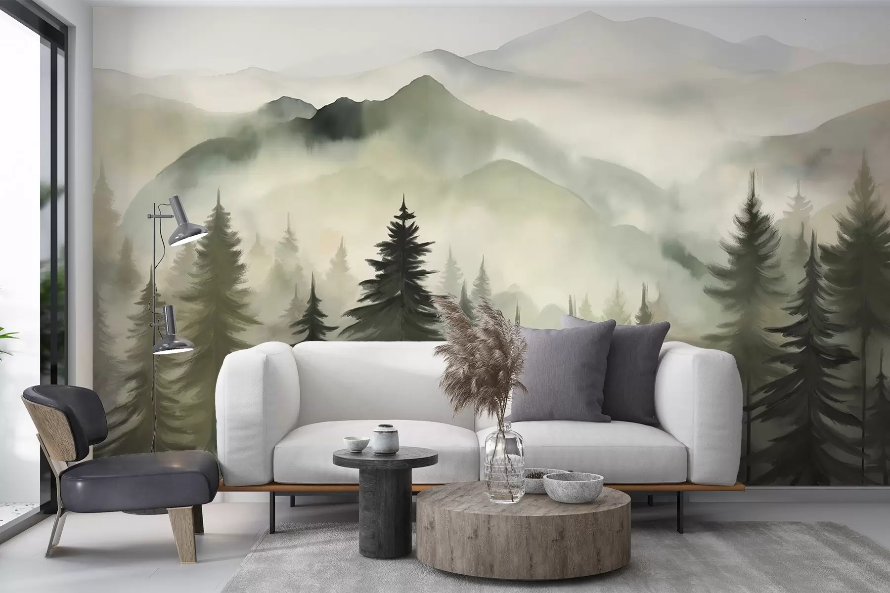 Wall Mural Photo Wallpaper Mountain landscape with a forest of pine trees and layered mountains during dawn with light fog watercolor imitation art  w08639