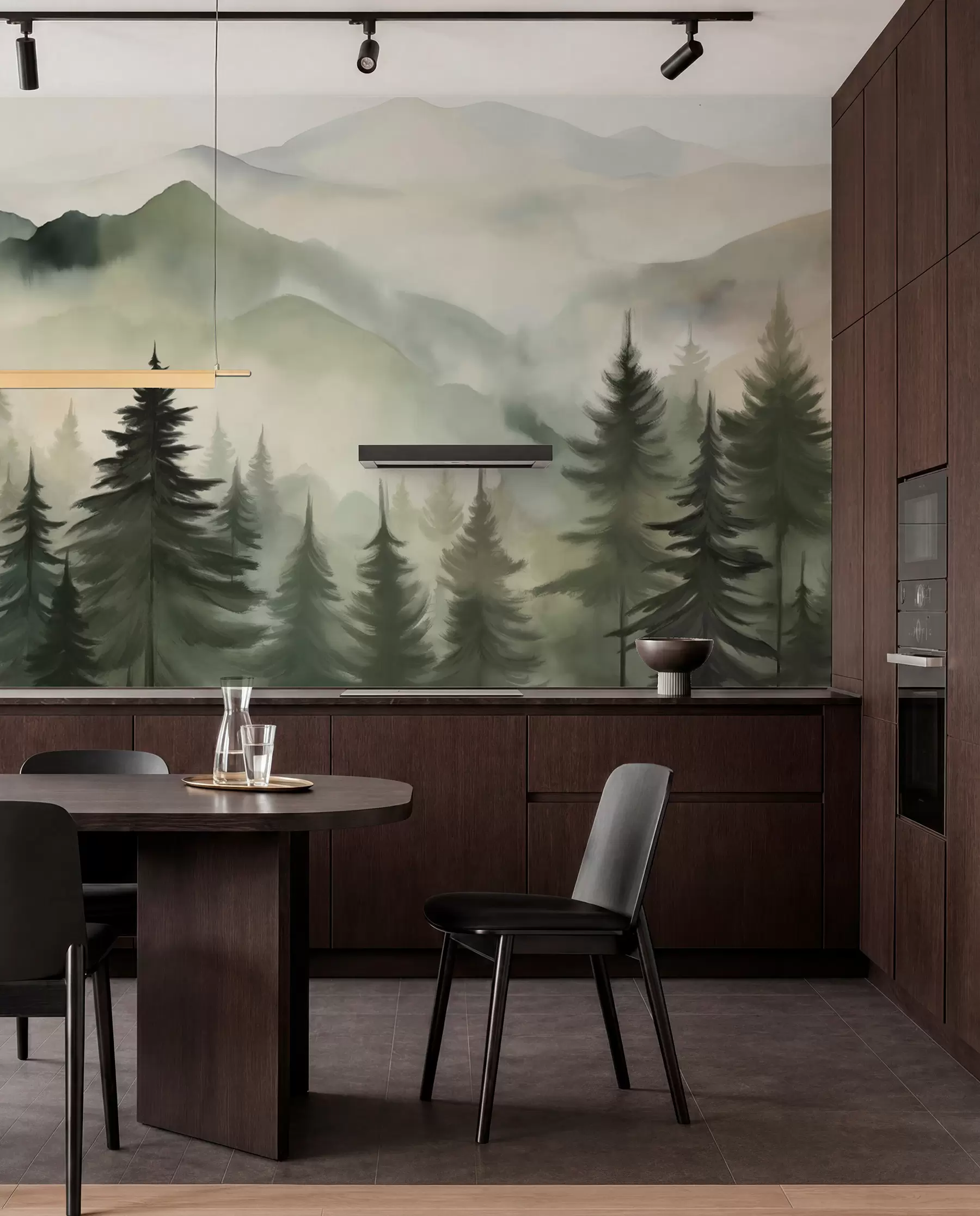 wall murals Mountain landscape with a forest of pine trees and layered mountains during dawn with light fog watercolor imitation art w08639