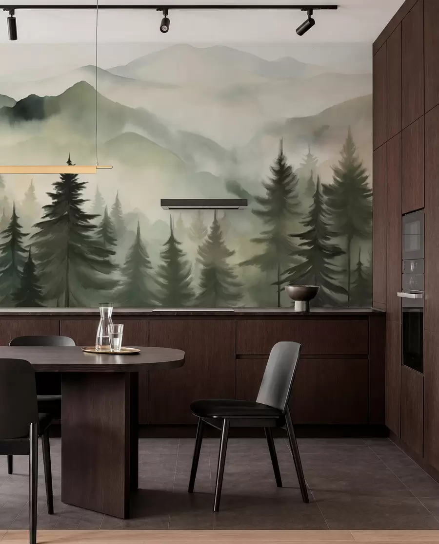 peintures murales Paysage de montagne avec une forêt de pins et des montagnes étagées à l'aube avec un léger brouillard aquarelle imitation art w08639