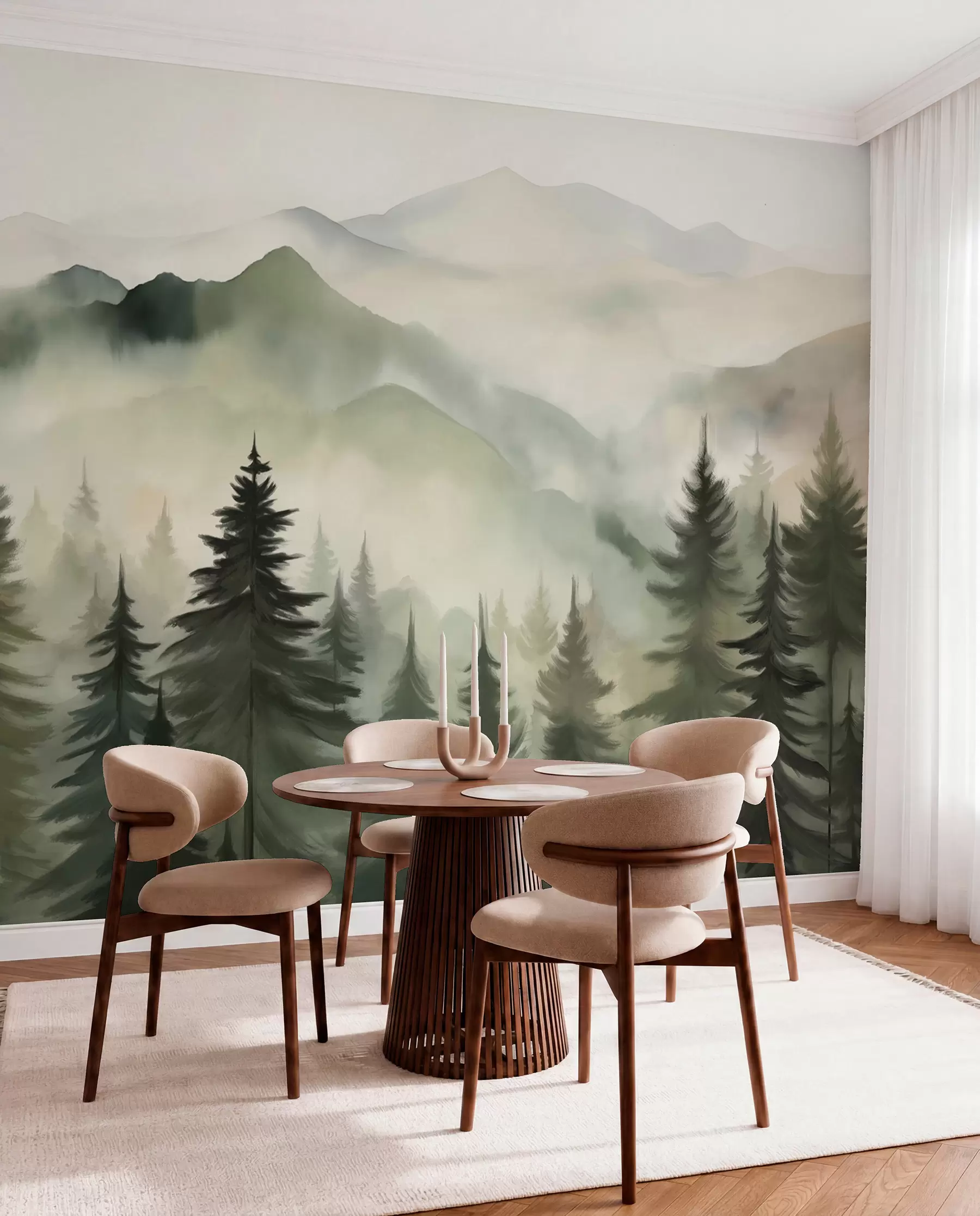 peintures murales Paysage de montagne avec une forêt de pins et des montagnes étagées à l'aube avec un léger brouillard aquarelle imitation art w08639