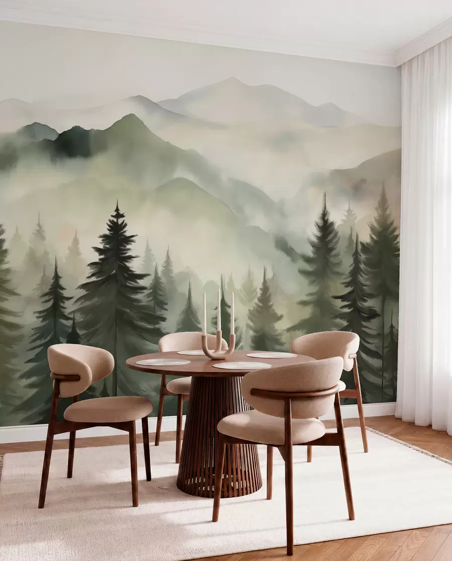 wall murals Mountain landscape with a forest of pine trees and layered mountains during dawn with light fog watercolor imitation art w08639