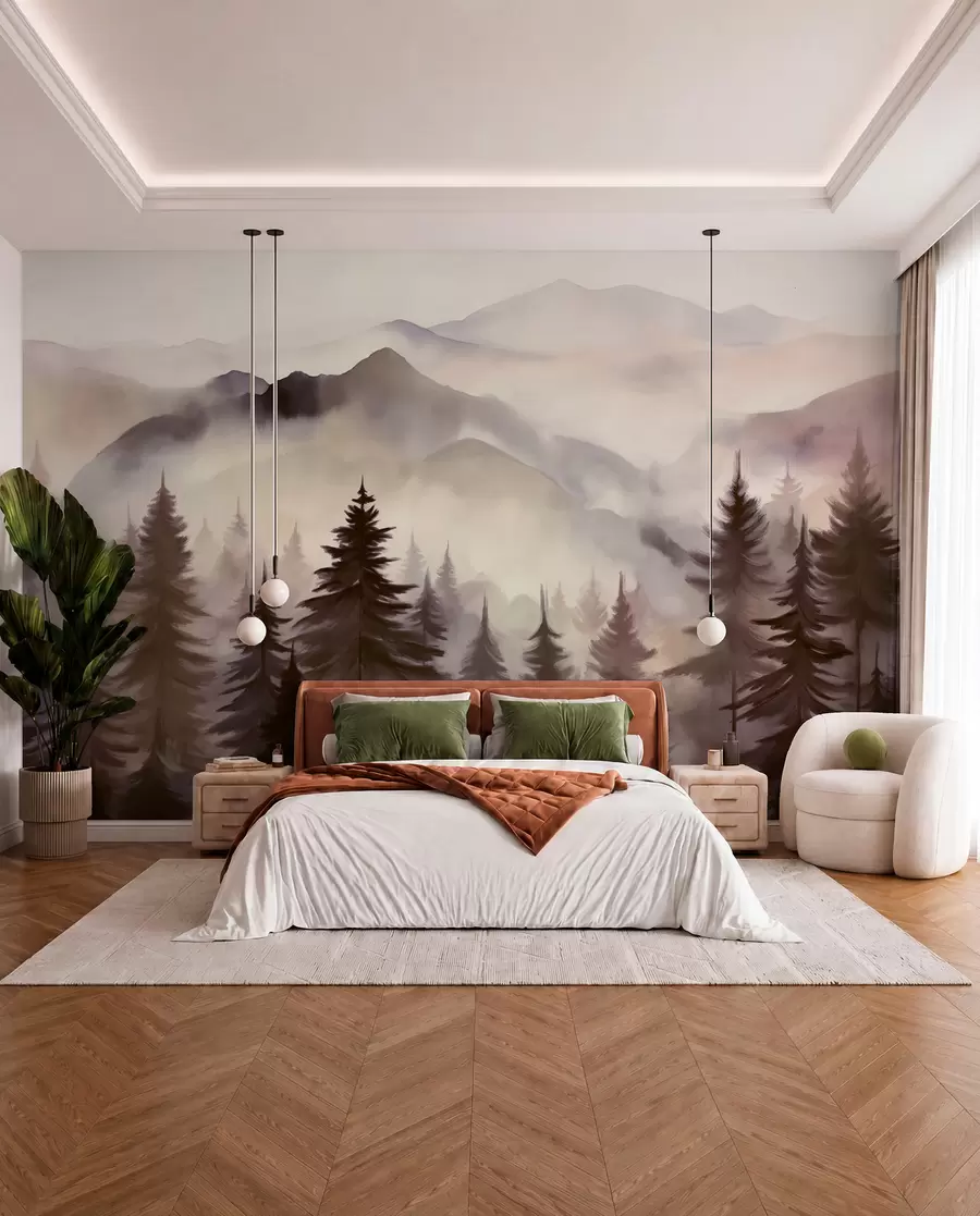 wall murals Mountain landscape with a forest of pine trees and layered mountains during dawn with light fog watercolor imitation art w08639v1