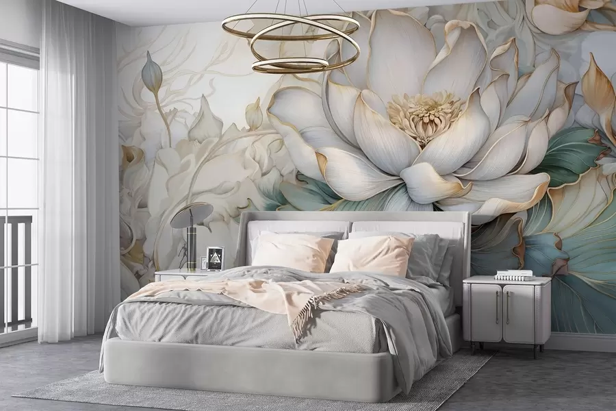 Wall Mural Photo Wallpaper A large, delicate white lily flower and foliage with soft, layered decorative petals on abstract blured textured background w08640