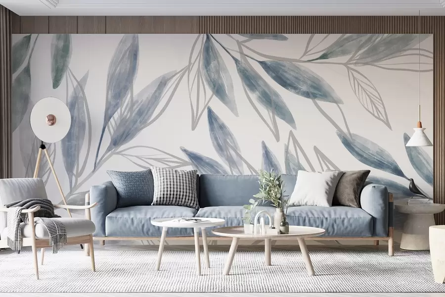 Wall Mural Photo Wallpaper Delicate blue and gray textured pastel leaves , creating a serene and minimalist botanical composition w08642v1