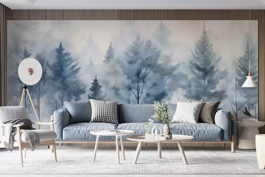 Wall Mural Photo Wallpaper A misty forest landscape with tall pine trees and bare deciduous trees in the foreground watercolor imitation art w08643