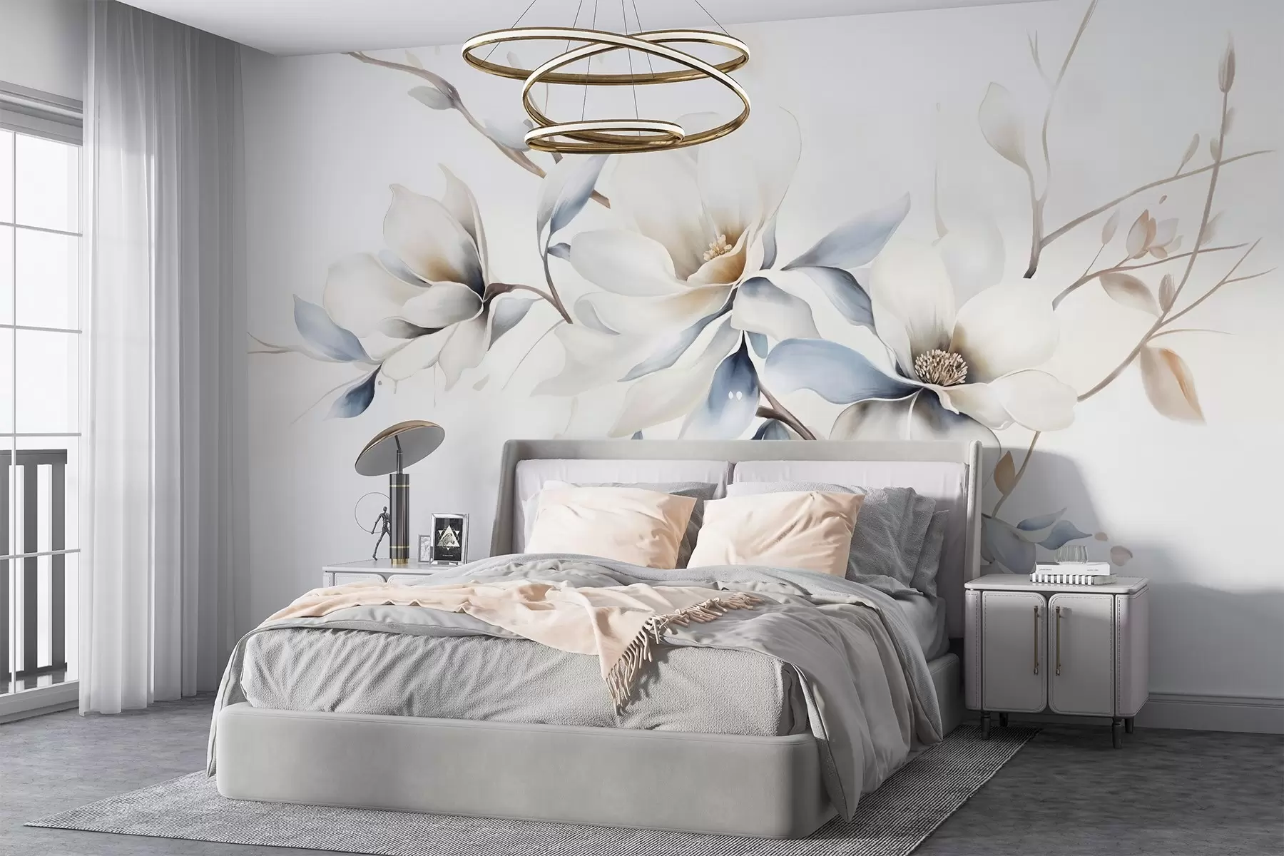 Wall Mural Photo Wallpaper Delicate white magnolia flowers with soft blue petals against a light background watercolor imitation minimalism  w08644