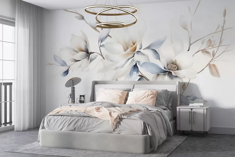 Wall Mural Photo Wallpaper Delicate white magnolia flowers with soft blue petals against a light background watercolor imitation minimalism  w08644