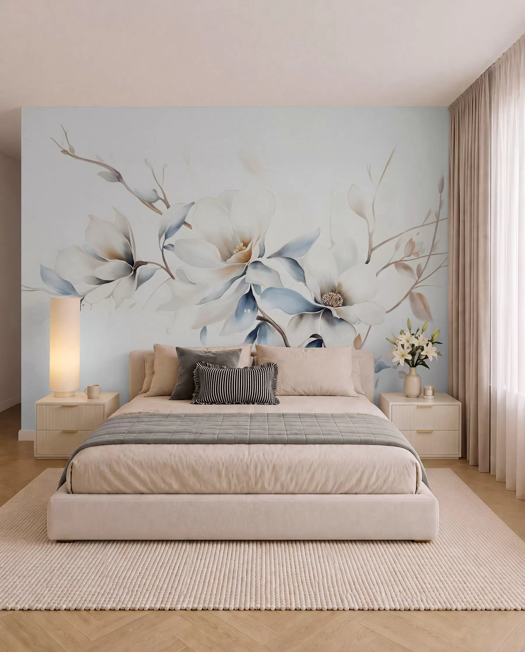 peintures murales Délicates fleurs de magnolia blanches avec des pétales bleus doux sur un fond clair aquarelle imitation minimalisme w08644