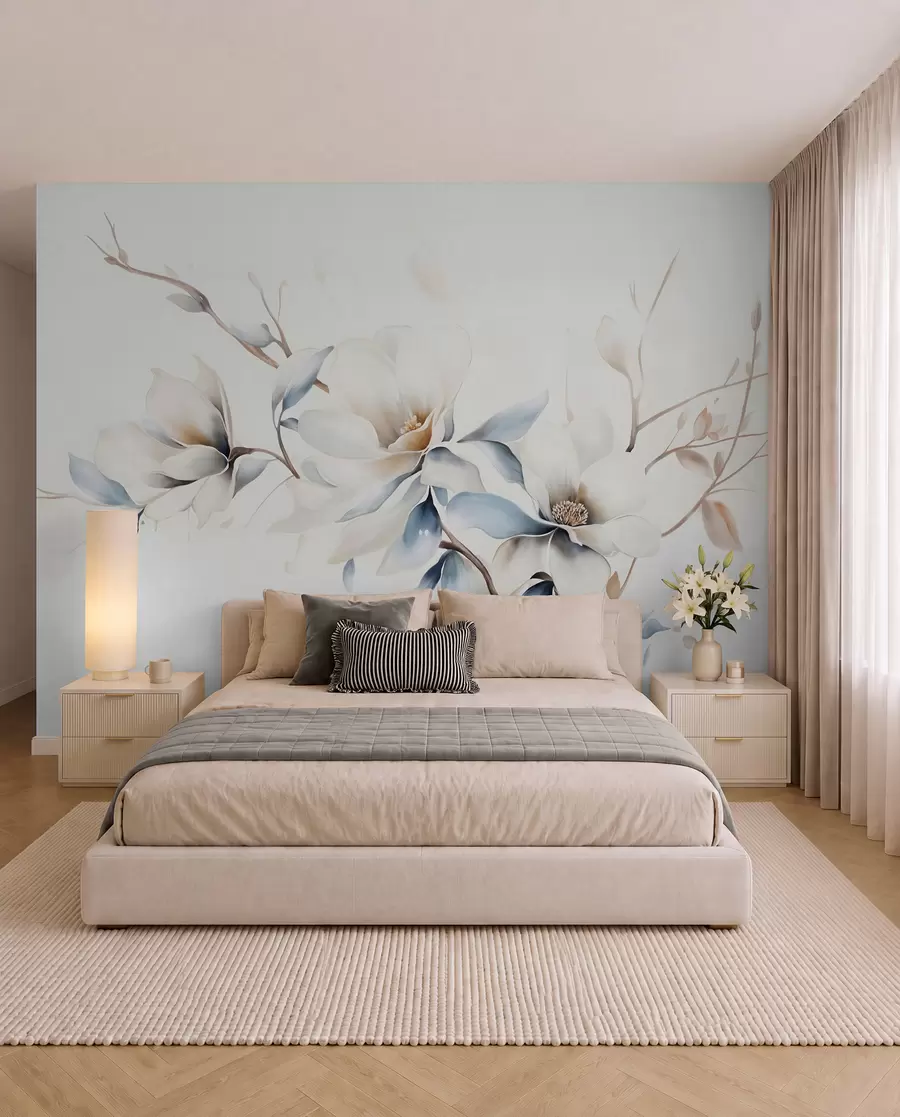wall murals Delicate white magnolia flowers with soft blue petals against a light background watercolor imitation minimalism w08644