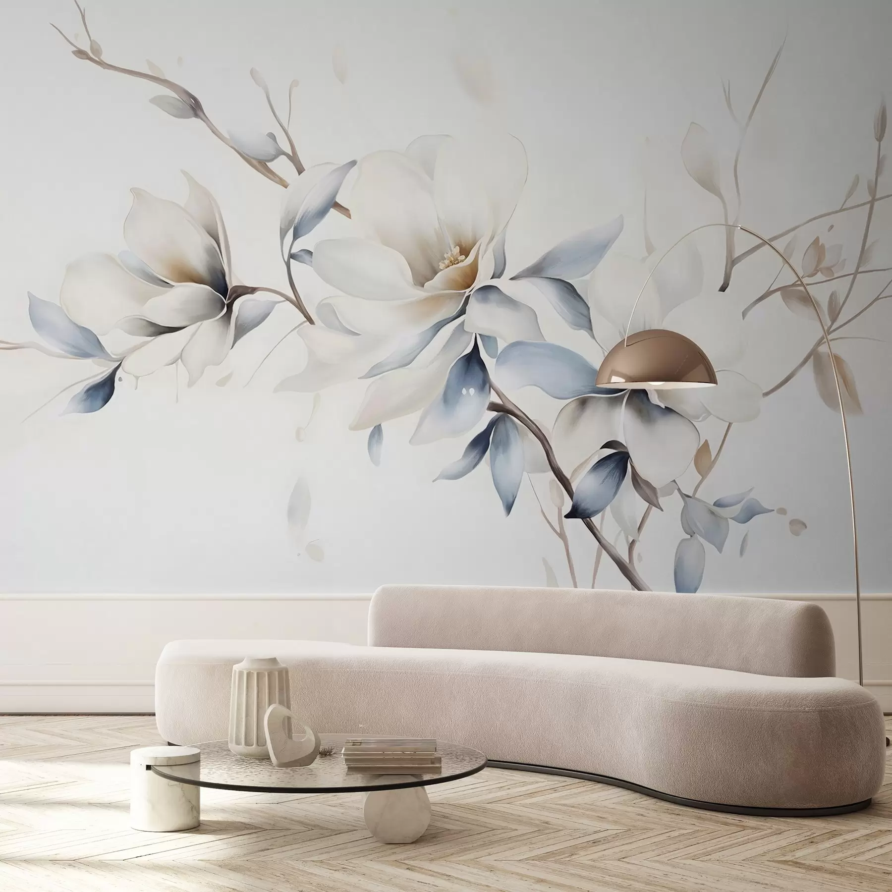 murales Delicadas flores blancas de magnolia con suaves pétalos azules sobre un fondo claro acuarela imitación minimalismo w08644