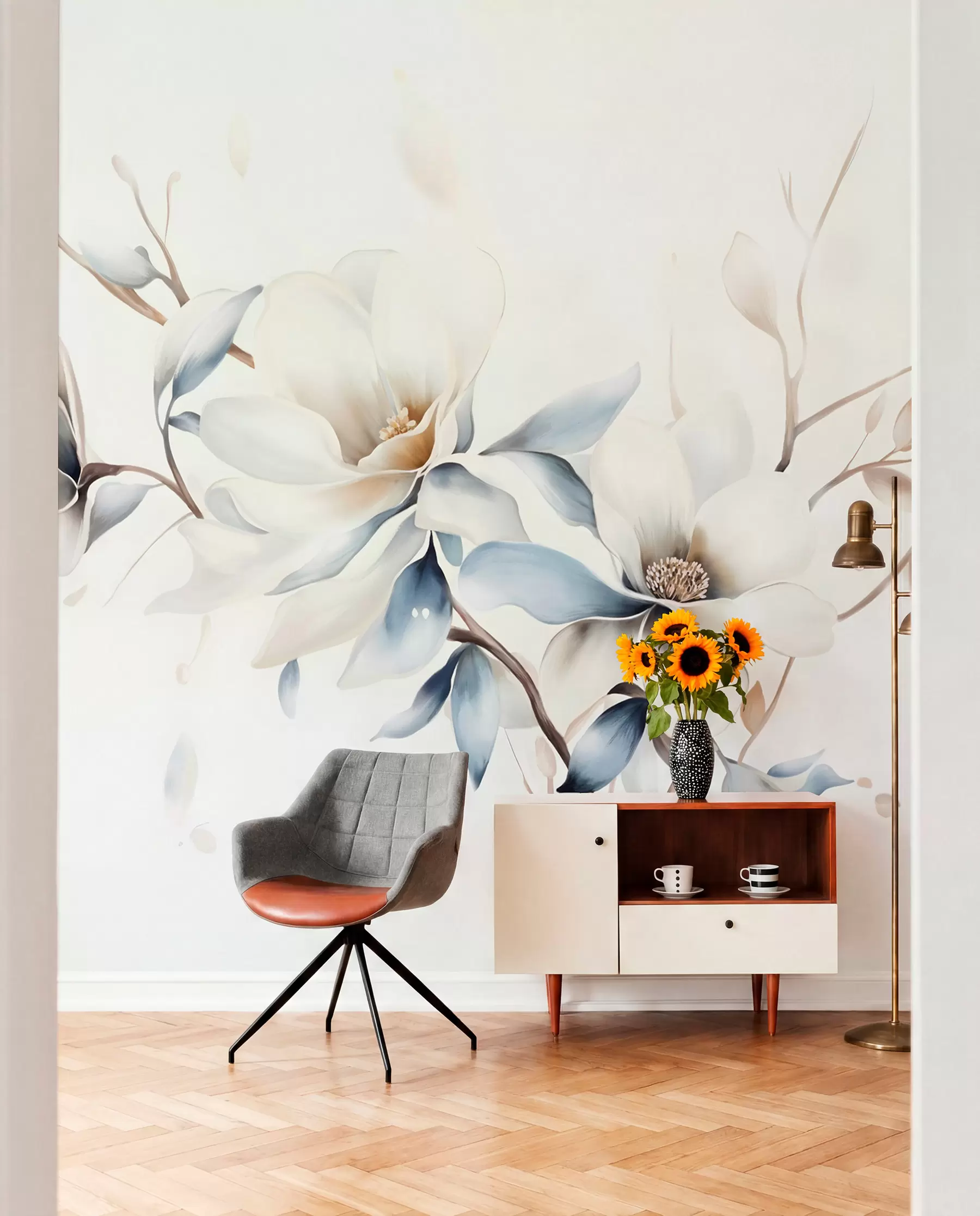 peintures murales Délicates fleurs de magnolia blanches avec des pétales bleus doux sur un fond clair aquarelle imitation minimalisme w08644