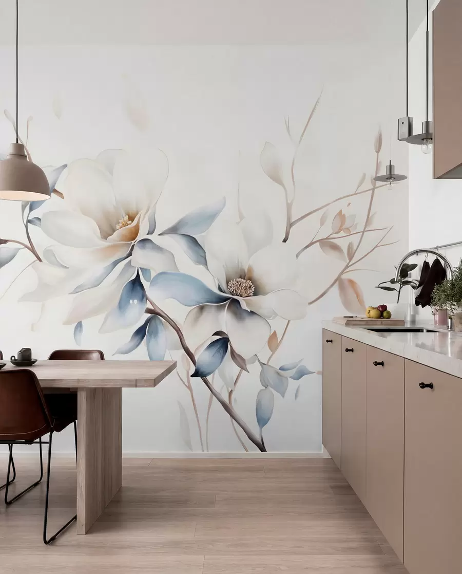 peintures murales Délicates fleurs de magnolia blanches avec des pétales bleus doux sur un fond clair aquarelle imitation minimalisme w08644