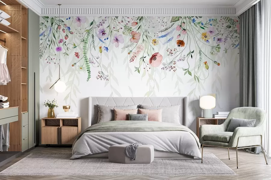 murales Un colorido estampado floral en cascada con varias flores, hojas y plantas en estilo acuarela w08646