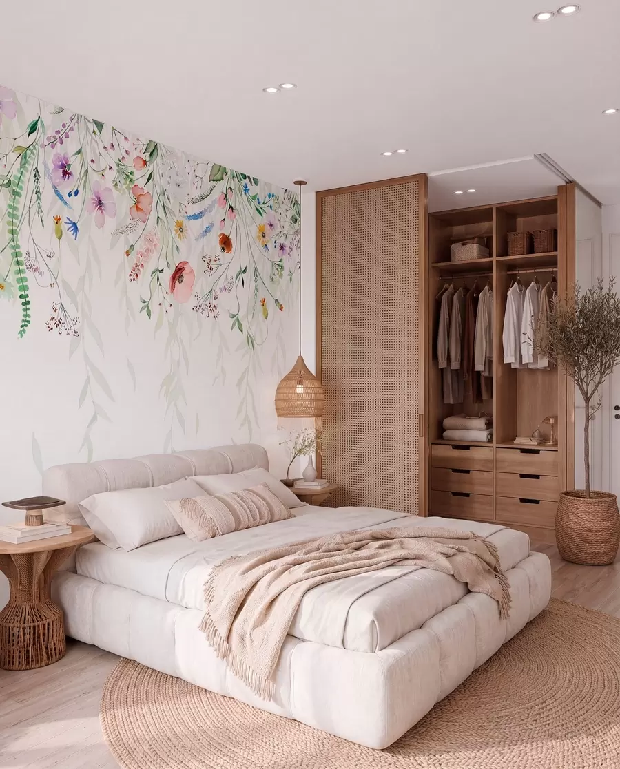 wall murals A colorful floral print cascading down with various flowers, leaves, and plants in a watercolor style w08646