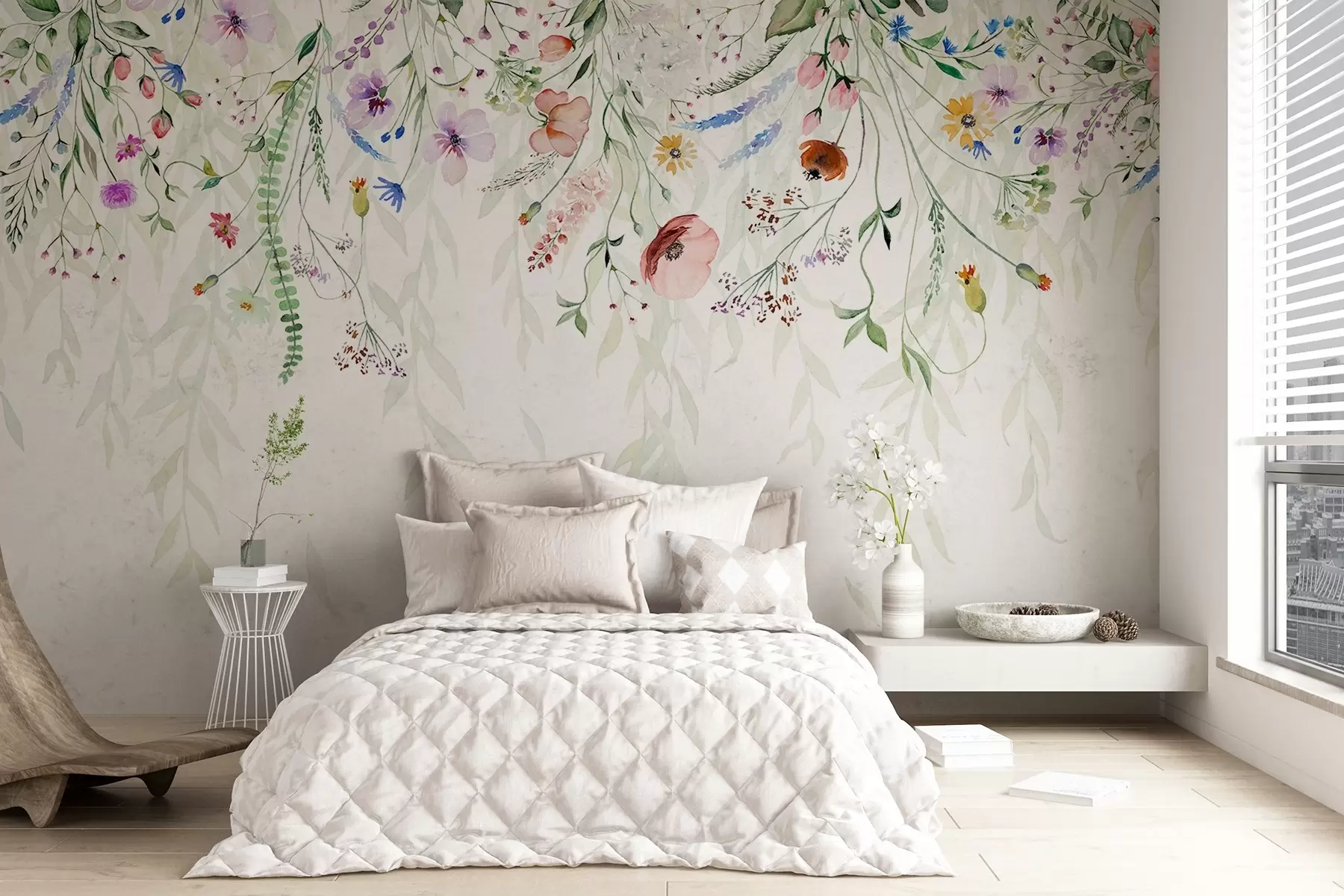 Wall Mural Photo Wallpaper A colorful floral print cascading down with various flowers, leaves, and plants in a watercolor style   w08646