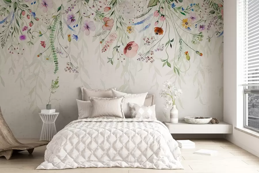 murales Un colorido estampado floral en cascada con varias flores, hojas y plantas en estilo acuarela w08646