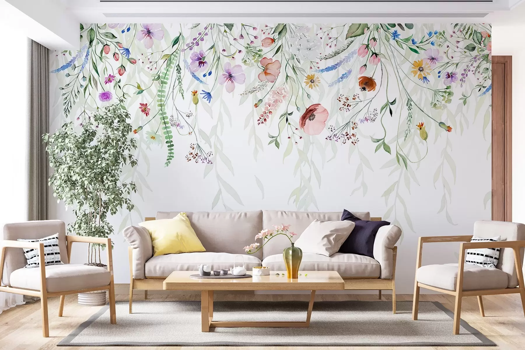 wall murals A colorful floral print cascading down with various flowers, leaves, and plants in a watercolor style w08646