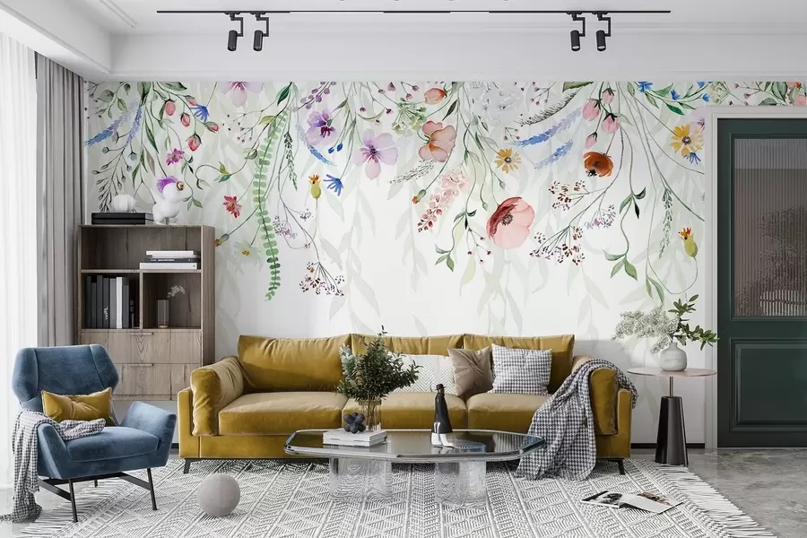 Wall Mural Photo Wallpaper A colorful floral print cascading down with various flowers, leaves, and plants in a watercolor style   w08646