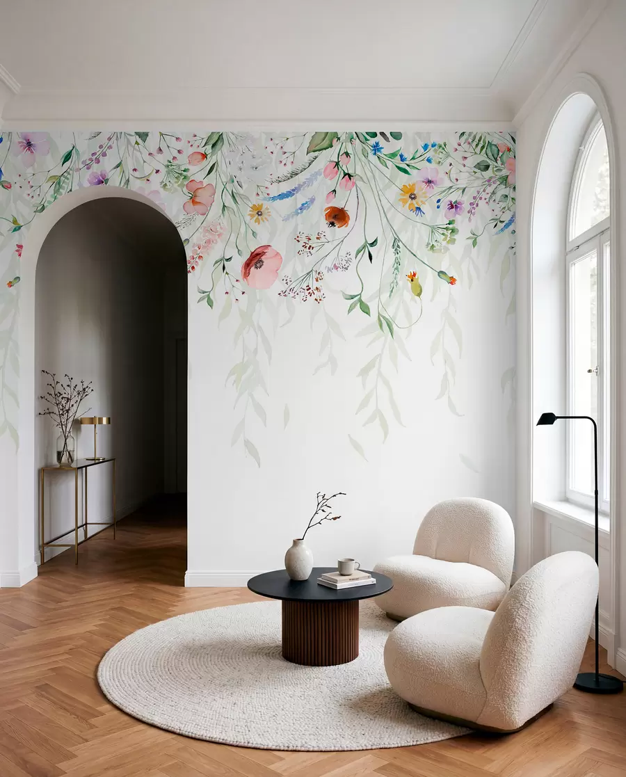 Wall Mural Photo Wallpaper A colorful floral print cascading down with various flowers, leaves, and plants in a watercolor style   w08646