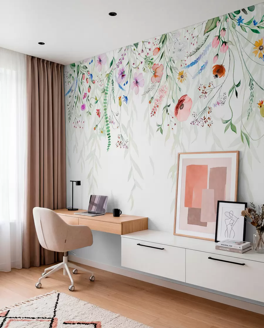 wall murals A colorful floral print cascading down with various flowers, leaves, and plants in a watercolor style w08646