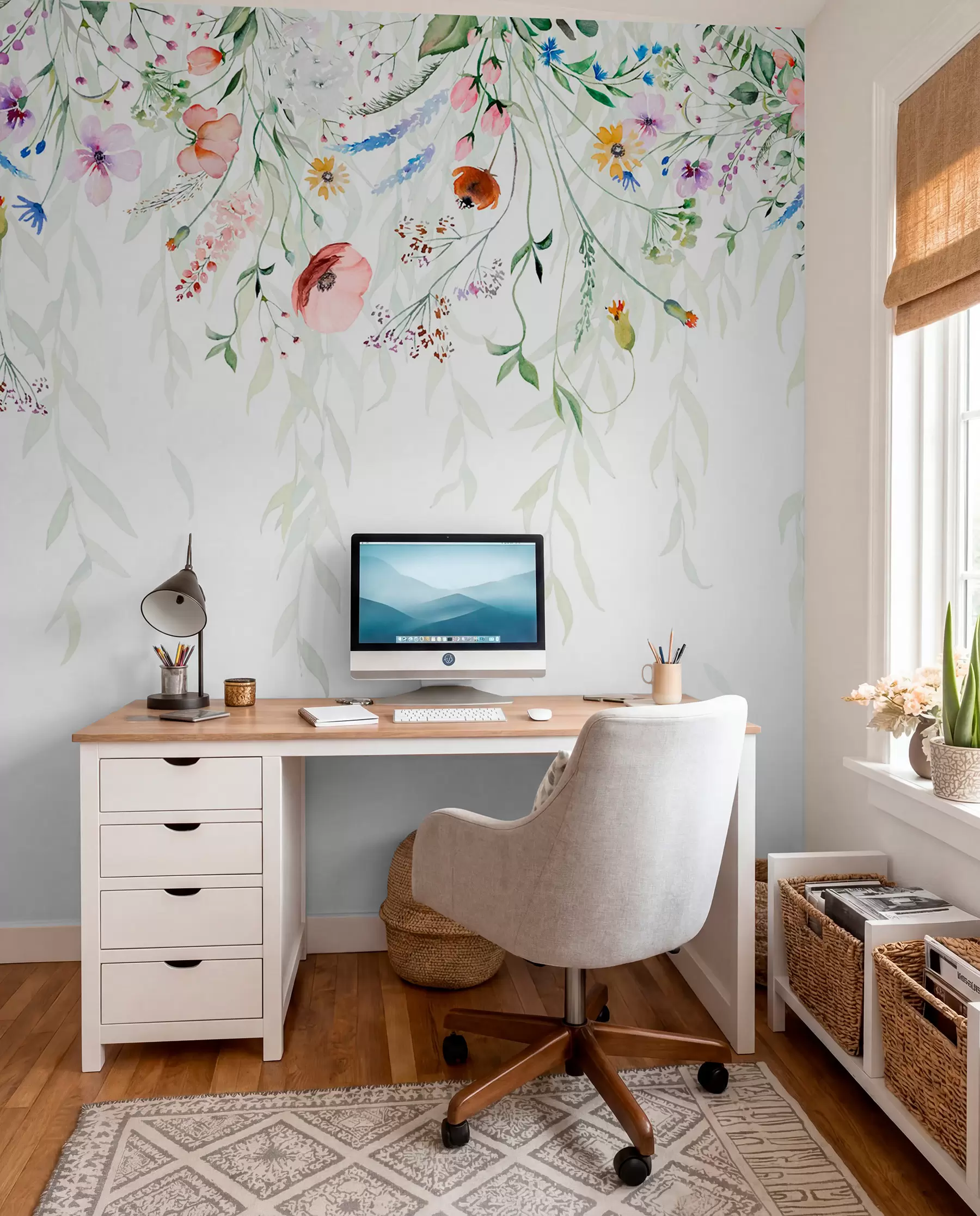 Wall Mural Photo Wallpaper A colorful floral print cascading down with various flowers, leaves, and plants in a watercolor style   w08646