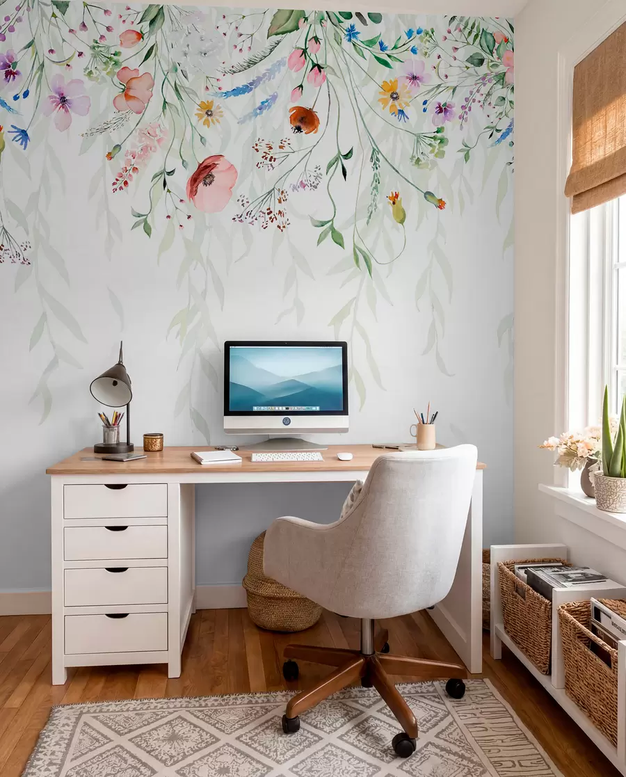 Wall Mural Photo Wallpaper A colorful floral print cascading down with various flowers, leaves, and plants in a watercolor style   w08646
