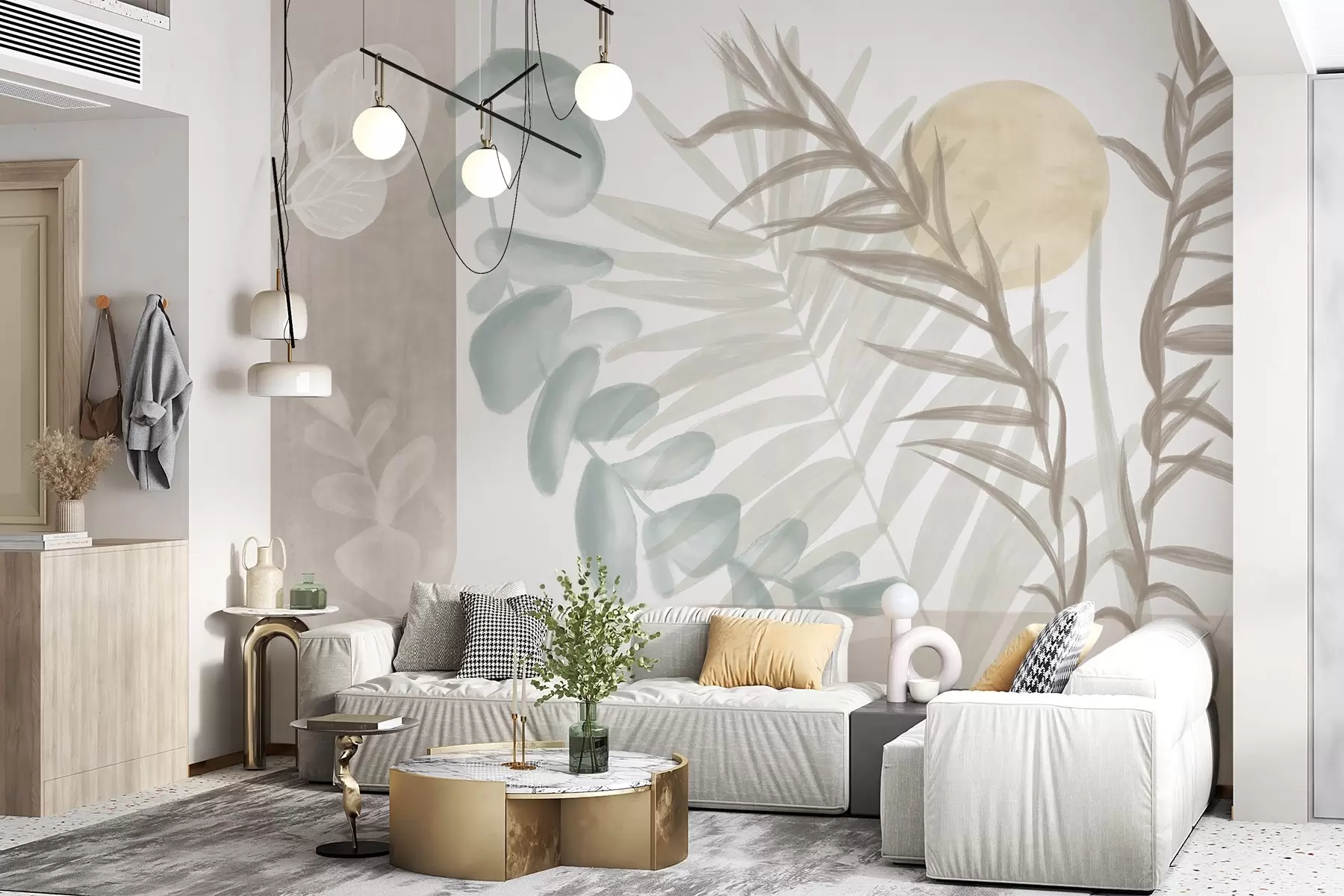 murais de parede Uma impressão abstrata minimalista com folhas estilizadas e eucaliptos com formas orgânicas suaves e bege em tons pastel suaves w08648