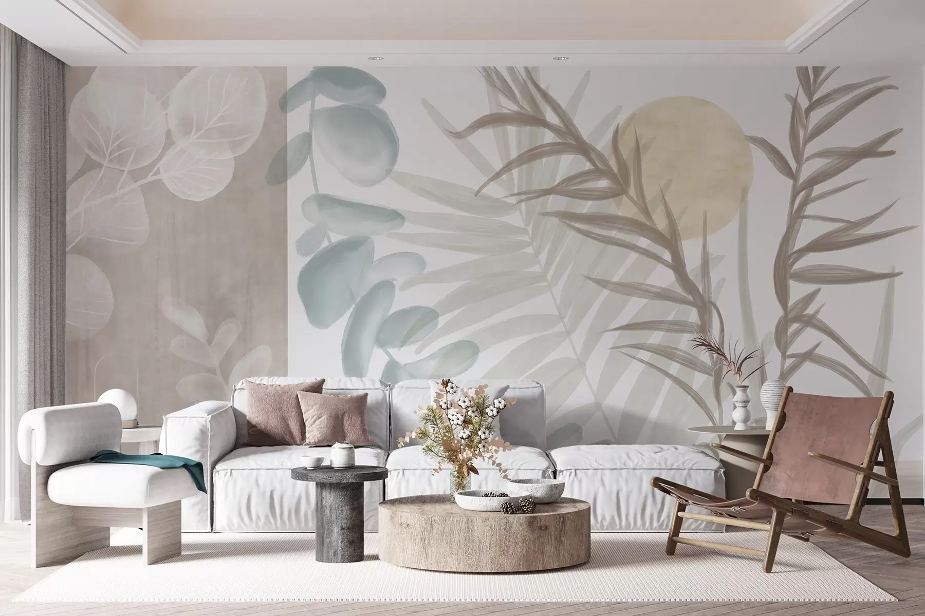 murais de parede Uma impressão abstrata minimalista com folhas estilizadas e eucaliptos com formas orgânicas suaves e bege em tons pastel suaves w08648