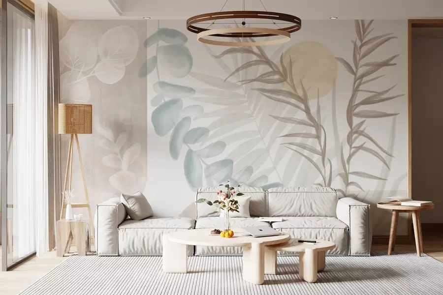 Wall Mural Photo Wallpaper A minimalist abstract print with stylized leaves and eucaliptus with soft, beige organic shapes in muted pastel colors w08648