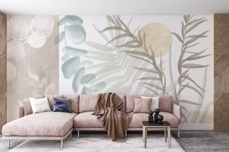 Wall Mural Photo Wallpaper A minimalist abstract print with stylized leaves and eucaliptus with soft, beige organic shapes in muted pastel colors w08648