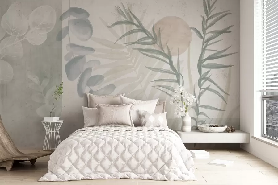 Wall Mural Photo Wallpaper A minimalist abstract print with stylized leaves and eucaliptus with soft, blue organic shapes in muted pastel colors w08648v1
