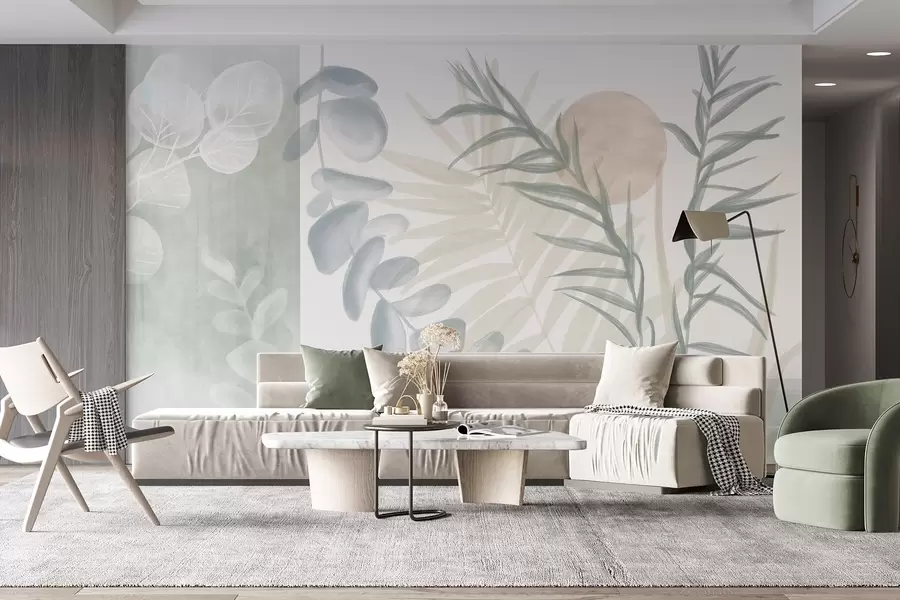 Wall Mural Photo Wallpaper A minimalist abstract print with stylized leaves and eucaliptus with soft, blue organic shapes in muted pastel colors w08648v1